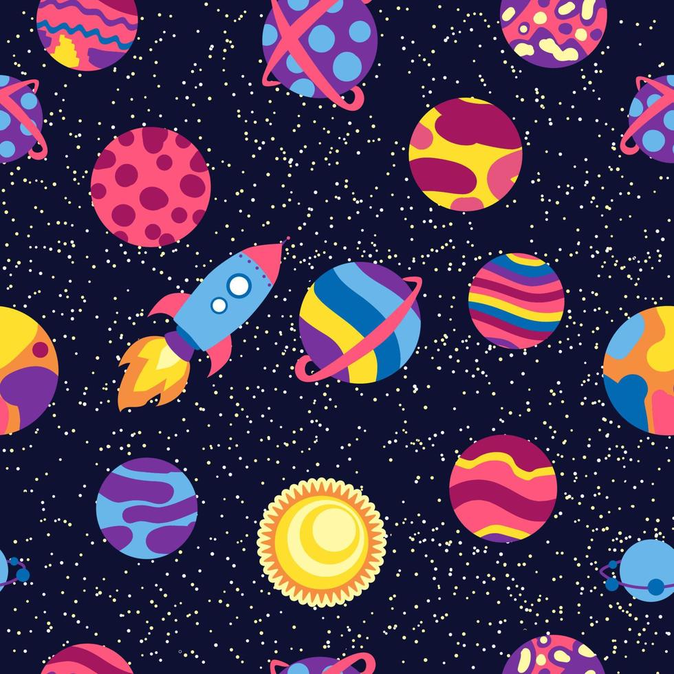 nahtloses Raummuster. Planeten, Raketen und Sterne. Cartoon-Raumschiff. kindlicher Hintergrund. handgemalt vektor