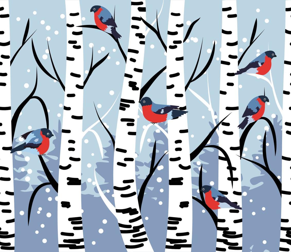 Winternahtloses Muster mit Dompfaffen und Birken. vektor