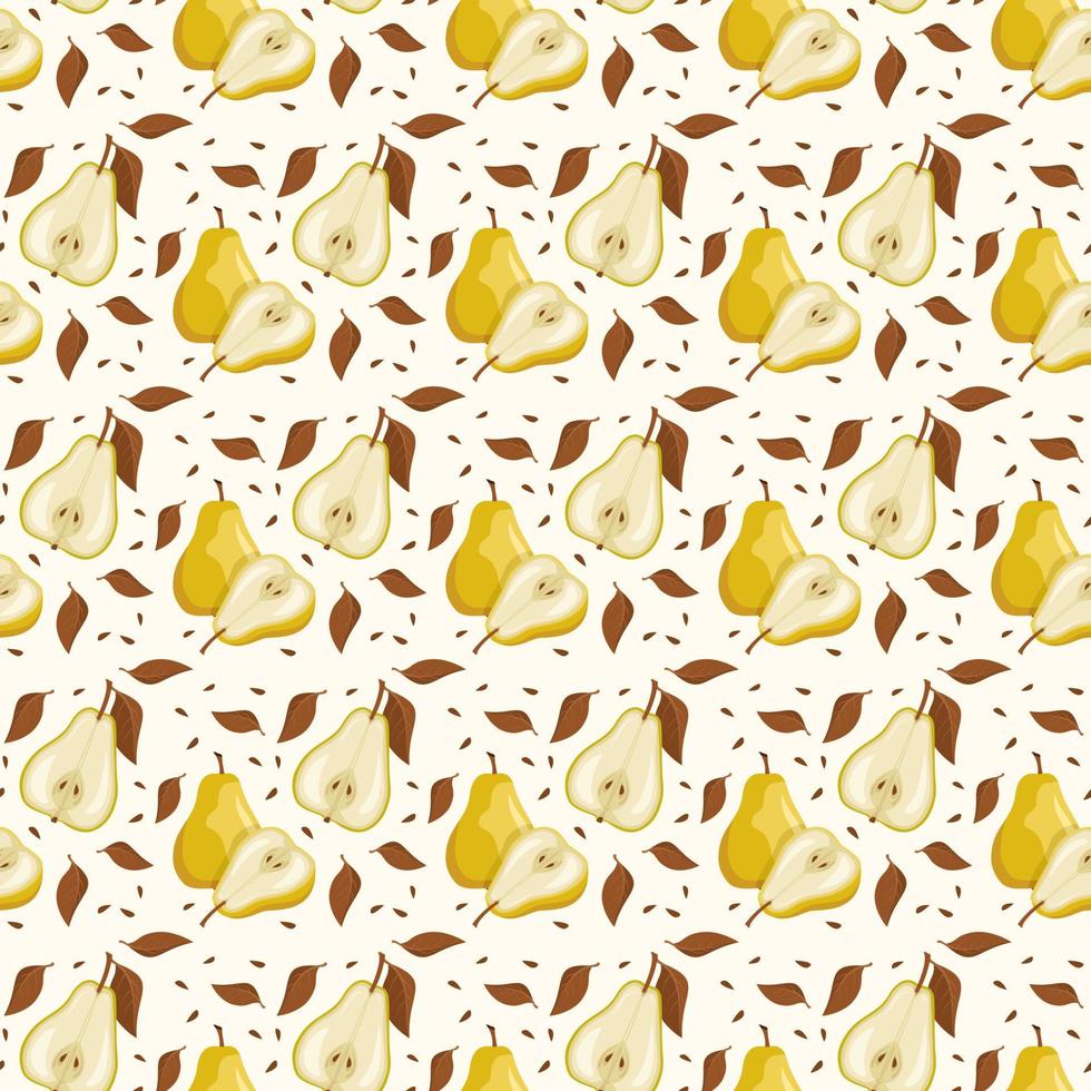 sömlös mönster med gul päron i svartvit brun färger. skriva ut av hela och halv friska frukter. bakgrund från ljuv mat för diet. vektor platt illustration