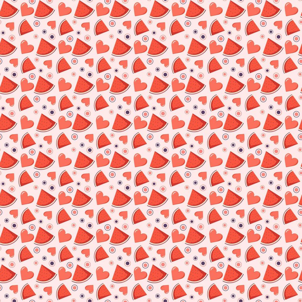 söta sömlösa mönster med vattenmelon, cirklar och hjärtan. festligt ljust tryck, alla hjärtans dag eller sommardekoration för omslagspapper, textil och design. platt vektor illustration