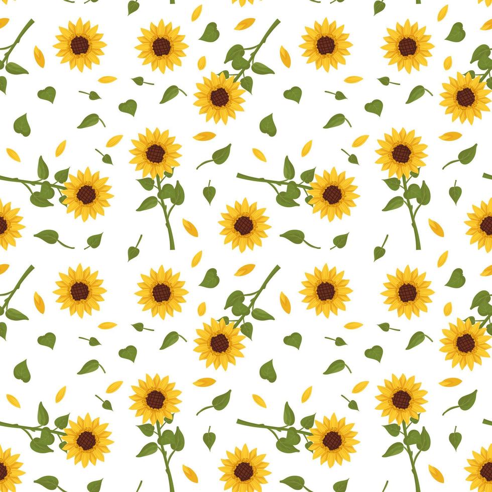 nahtloses Muster mit gelben Sonnenblumen auf weißem Hintergrund. druck mit naturelement, pflanze für dekoration und design. flache vektorillustration vektor
