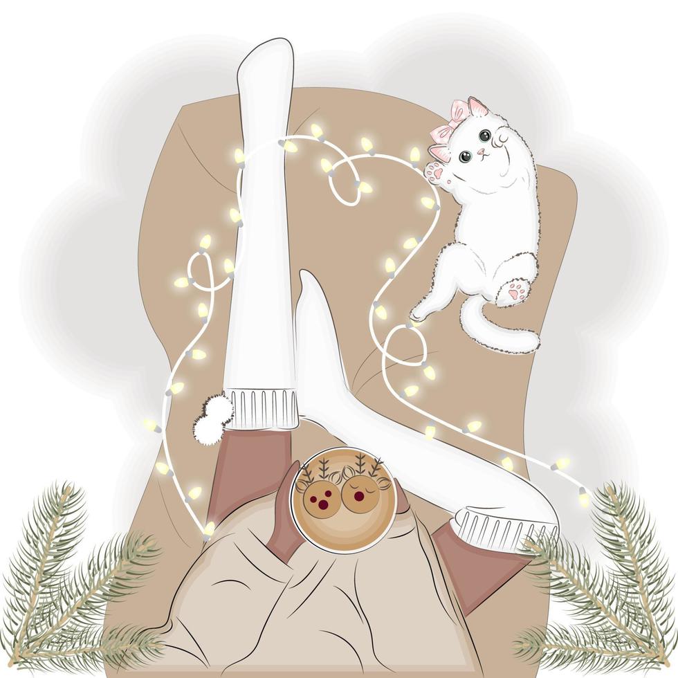 weihnachtsillustration eines modischen mädchens in strümpfen und einer katze mit girlande, modevektorillustration vektor