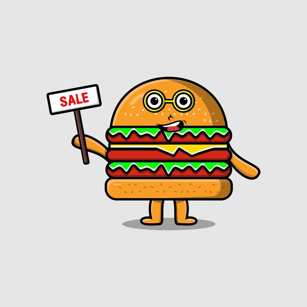 söt tecknad serie burger karaktär innehav försäljning tecken vektor