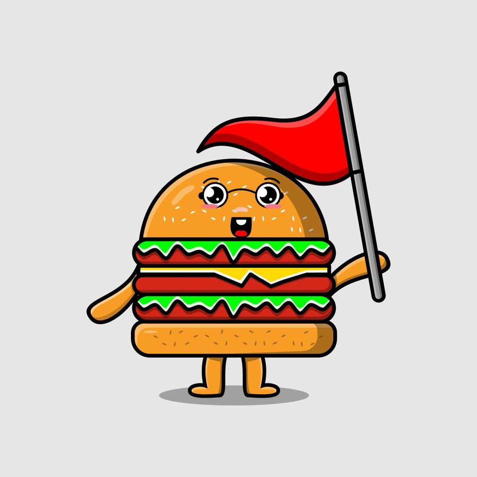 söt tecknad serie burger karaktär håll triangel flagga vektor