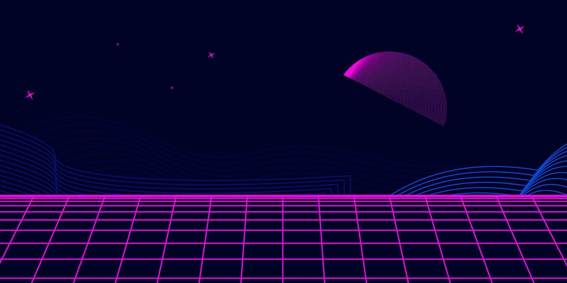 Retro-Hintergrund futuristische Landschaft im Stil der 1980er Jahre. digitale Retro-Landschaft Cyber-Oberfläche. Party-Hintergrund der 80er Jahre. Retro-80er-Mode-Sci-Fi-Hintergrund. digitale Cyber-Oberfläche. vektor