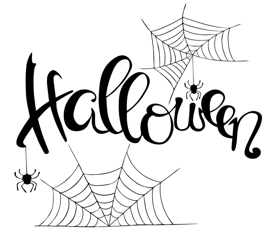 Halloween-Inschrift mit Spinne und Spinnennetz, Vektor, handgezeichnet. Spinnennetz. Kalligrafie mit Schreibpinsel. Gestaltungselement vektor