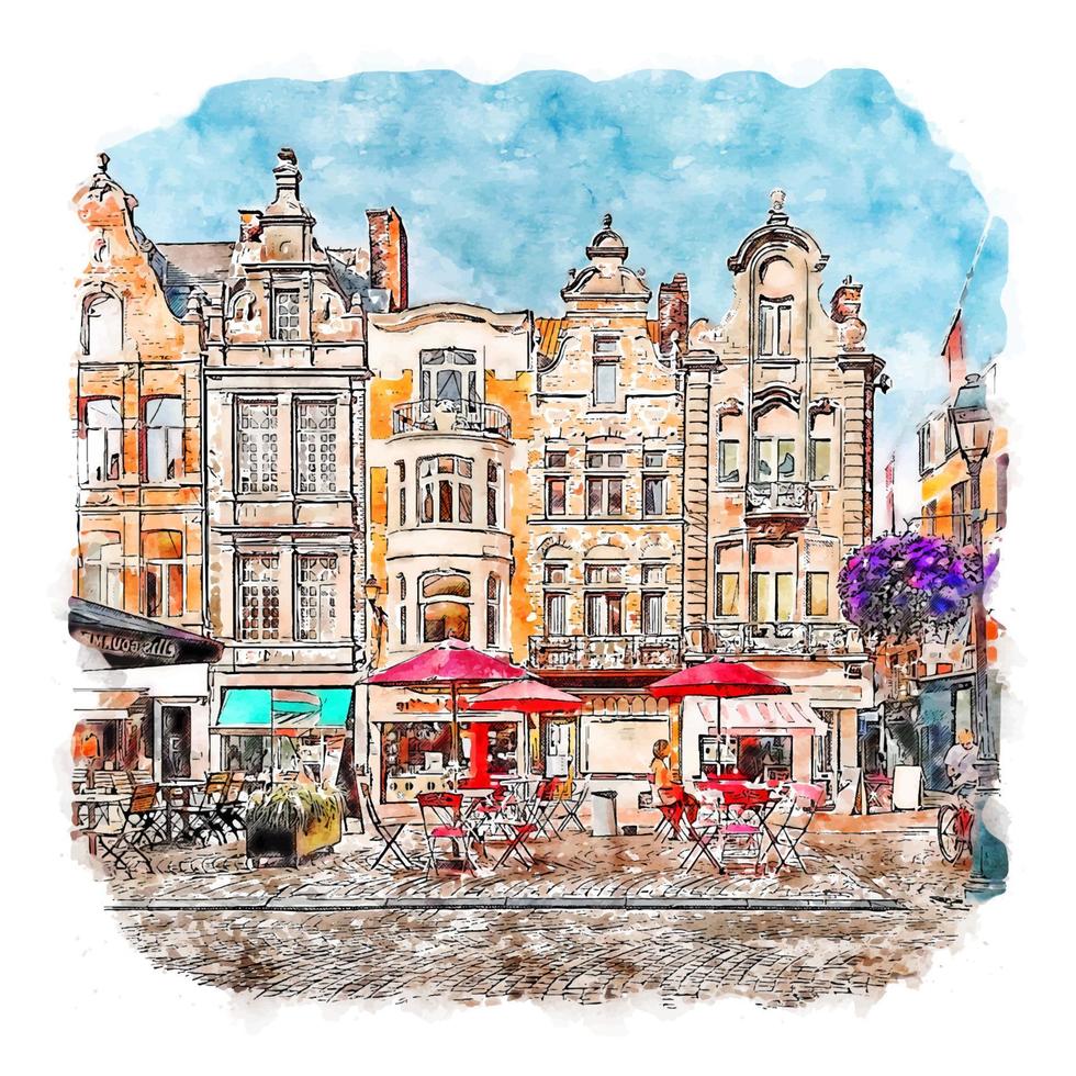 mechelen belgien aquarellskizze handgezeichnete illustration vektor