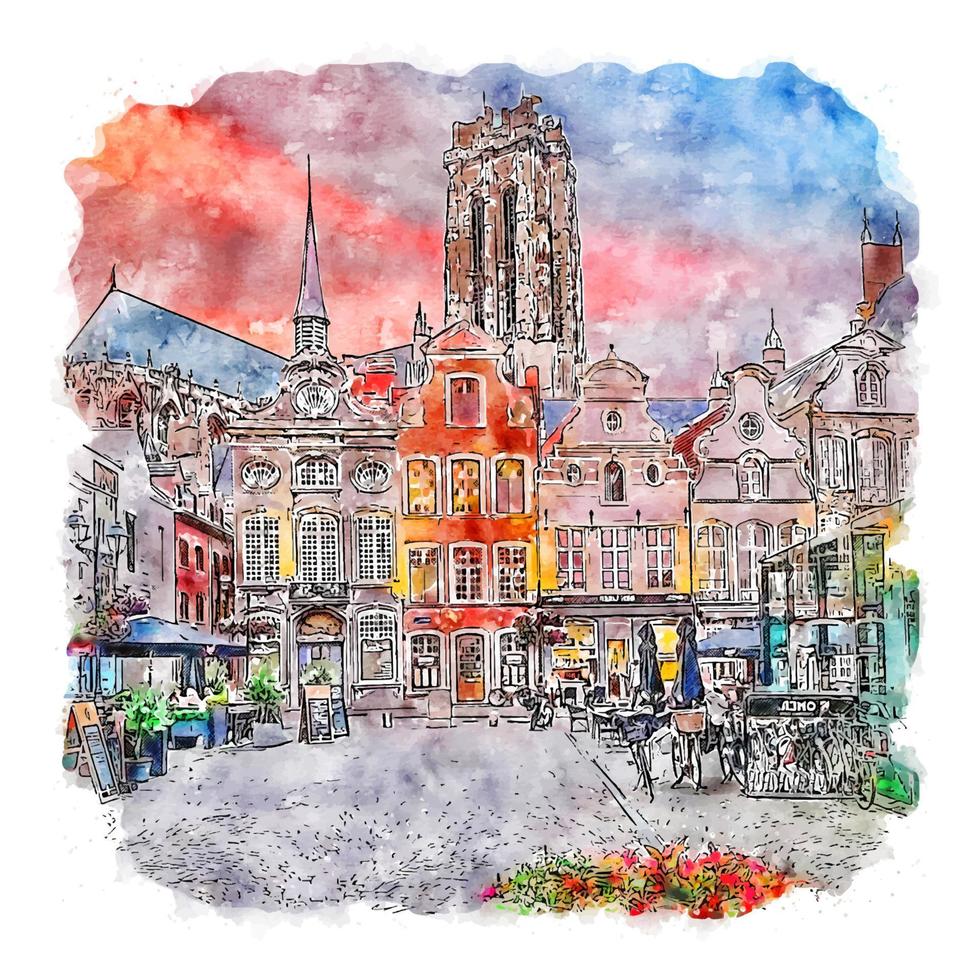 mechelen belgien aquarellskizze handgezeichnete illustration vektor