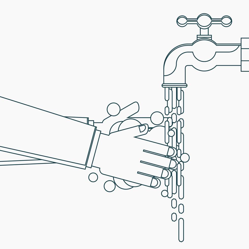 editierbares Händewaschen mit schäumender Seife unter Wasserhahn-Vektorillustration im Umrissstil für Grafikelemente des Gesundheitswesens und des medizinischen Designs vektor
