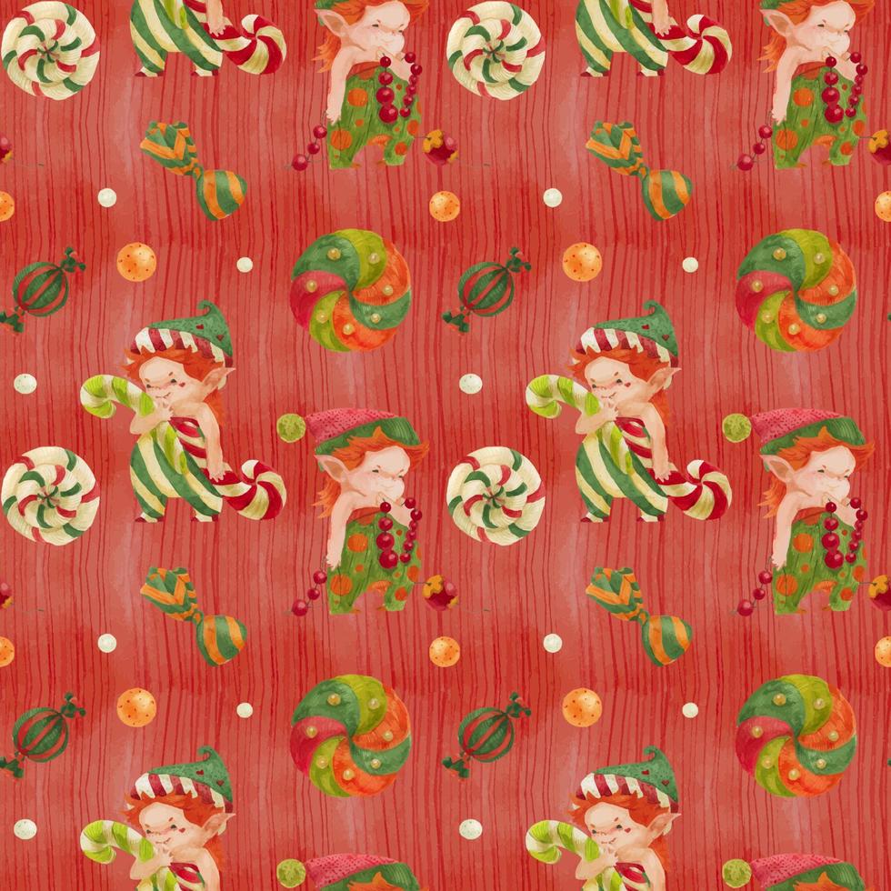 weihnachtselben nahtloses aquarellmuster mit elfen und zuckerstangen auf einem roten vektor