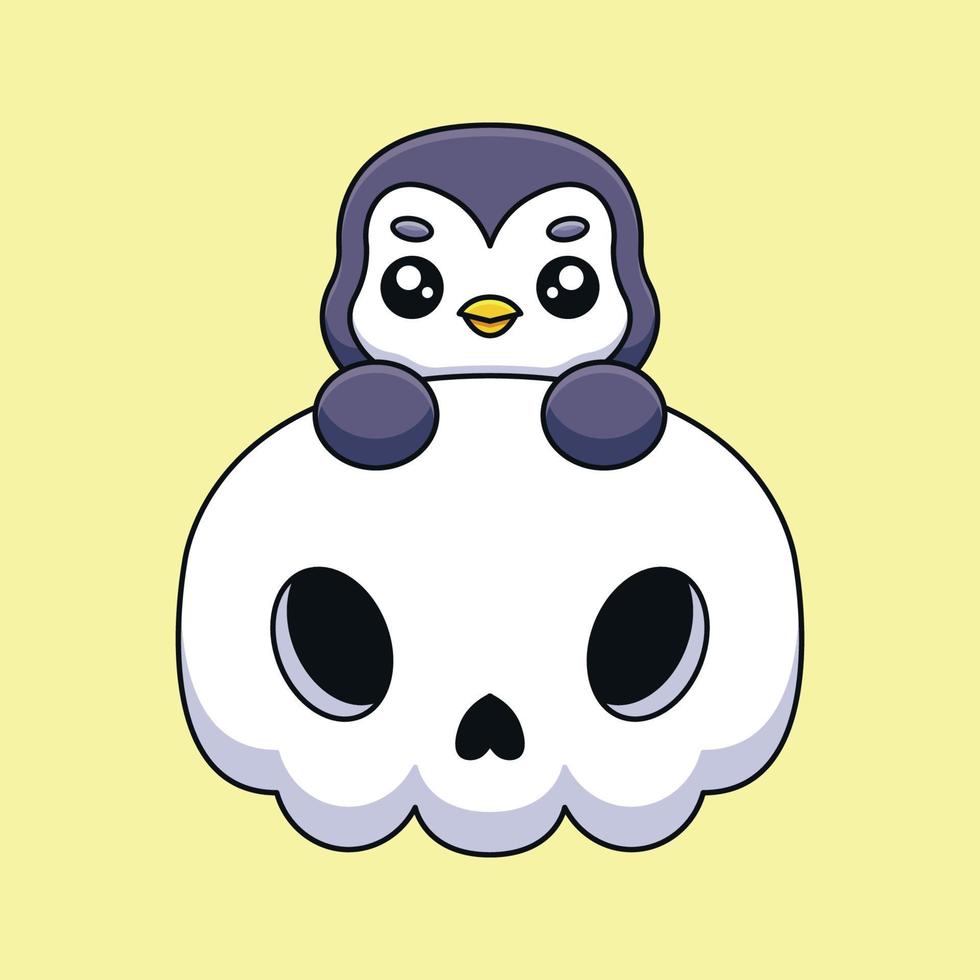 söt skalle pingvin halloween tecknad serie maskot klotter konst hand dragen begrepp vektor söt ikon illustration
