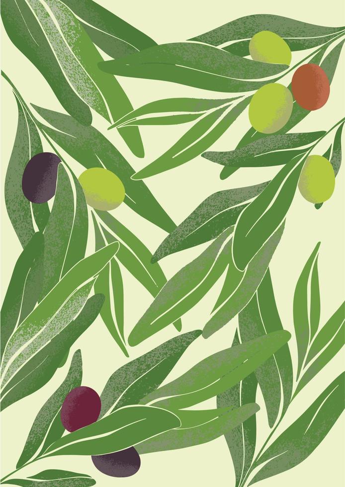 bunter texturhintergrund mit olivenzweigen. reife Oliven auf grünen Zweigen. Illustration der lokalen Landwirtschaft. Botanische Zeichnung im modernen Stil. frisches Grün für Design. vektor