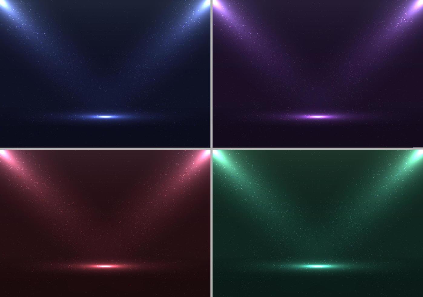 uppsättning av tömma skede blå, lila, röd, grön färger scen bakgrund med spotlights och damm partiklar effekt vektor