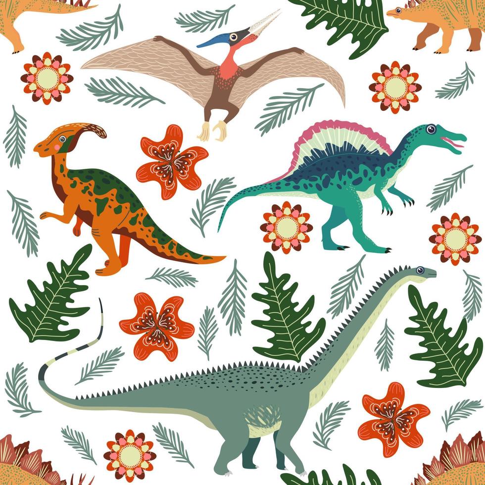 klotter dinosaurie mönster. sömlös textil- drake skriva ut, trendig barnslig tyg bakgrund, tecknad serie dinosaurier. vektor