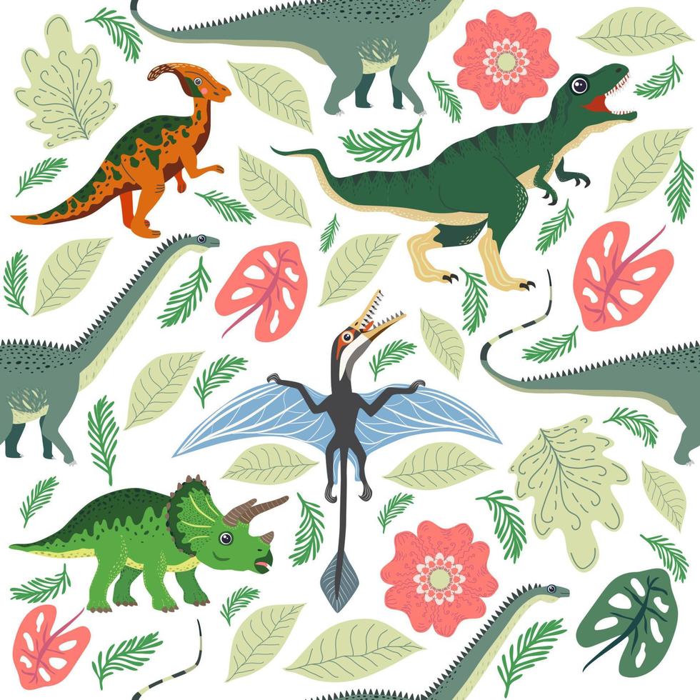 klotter dinosaurie mönster. sömlös textil- drake skriva ut, trendig barnslig tyg bakgrund, tecknad serie dinosaurier. vektor