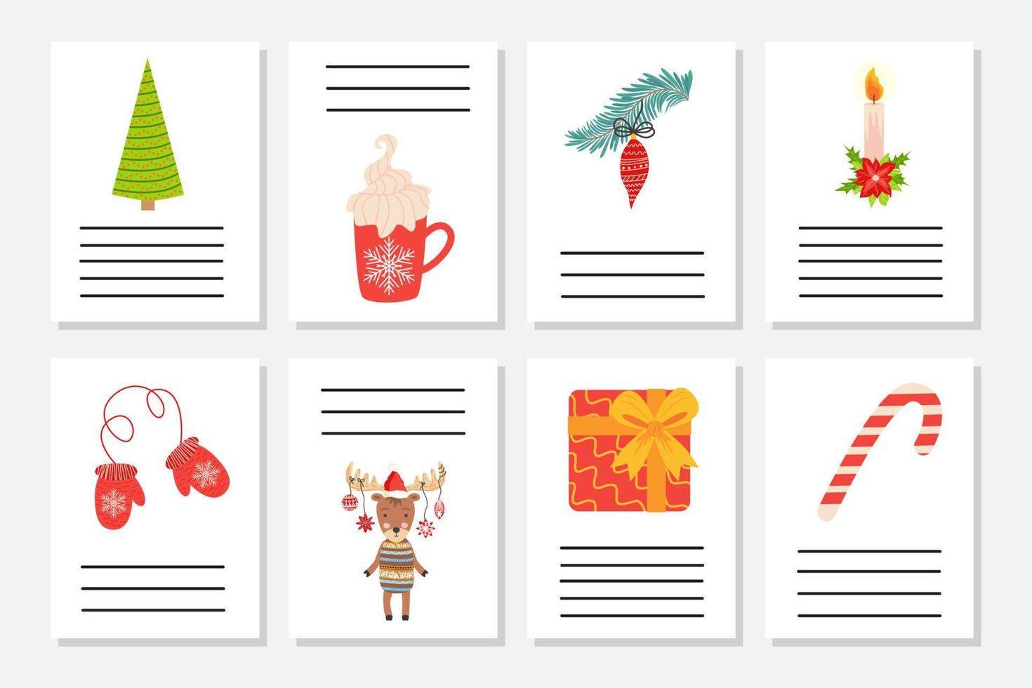 satz weihnachtsgruß oder einladung. postkarten mit neujahrssymbolen, weihnachtsbaum, schneeflocken, geschenken, zuckerstange vektor