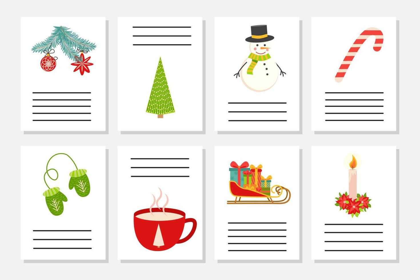uppsättning av jul hälsning eller inbjudan. vykort med ny år symboler, jul träd, snöflingor, gåvor, godis sockerrör vektor