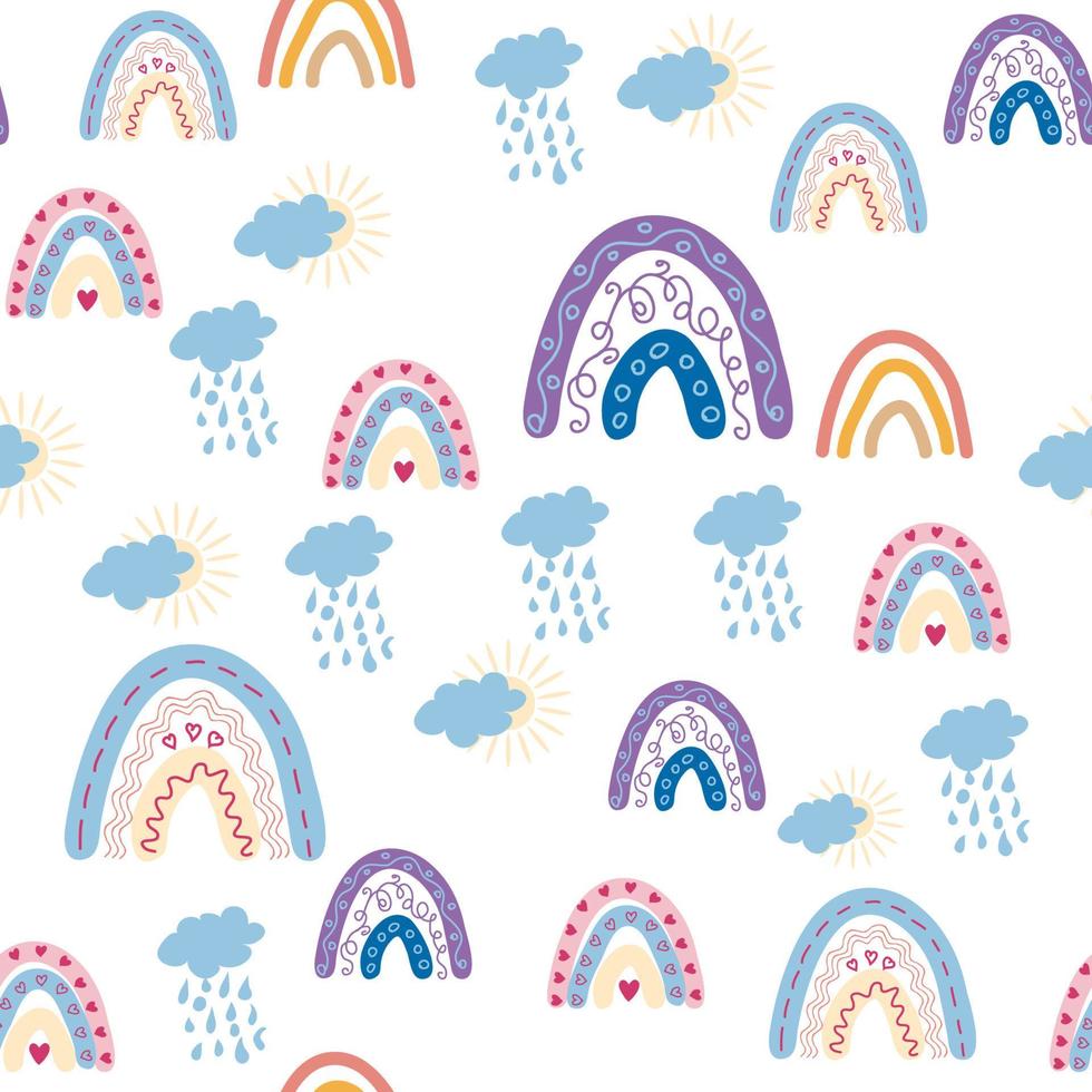 regnbåge sömlös mönster i pastell färger. scandinavian bebis hand dragen illustration för textilier och nyfödd kläder. vektor