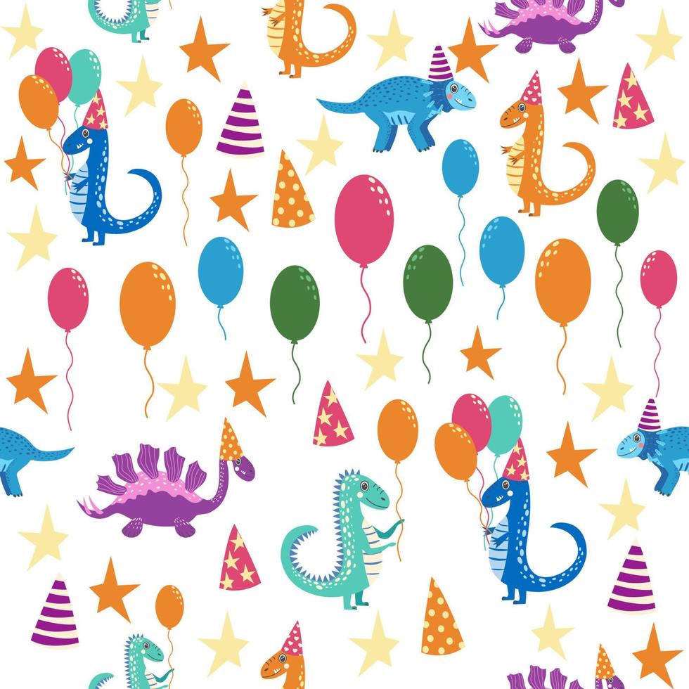 sömlös mönster med söt dinosaurier Lycklig födelsedag vektor