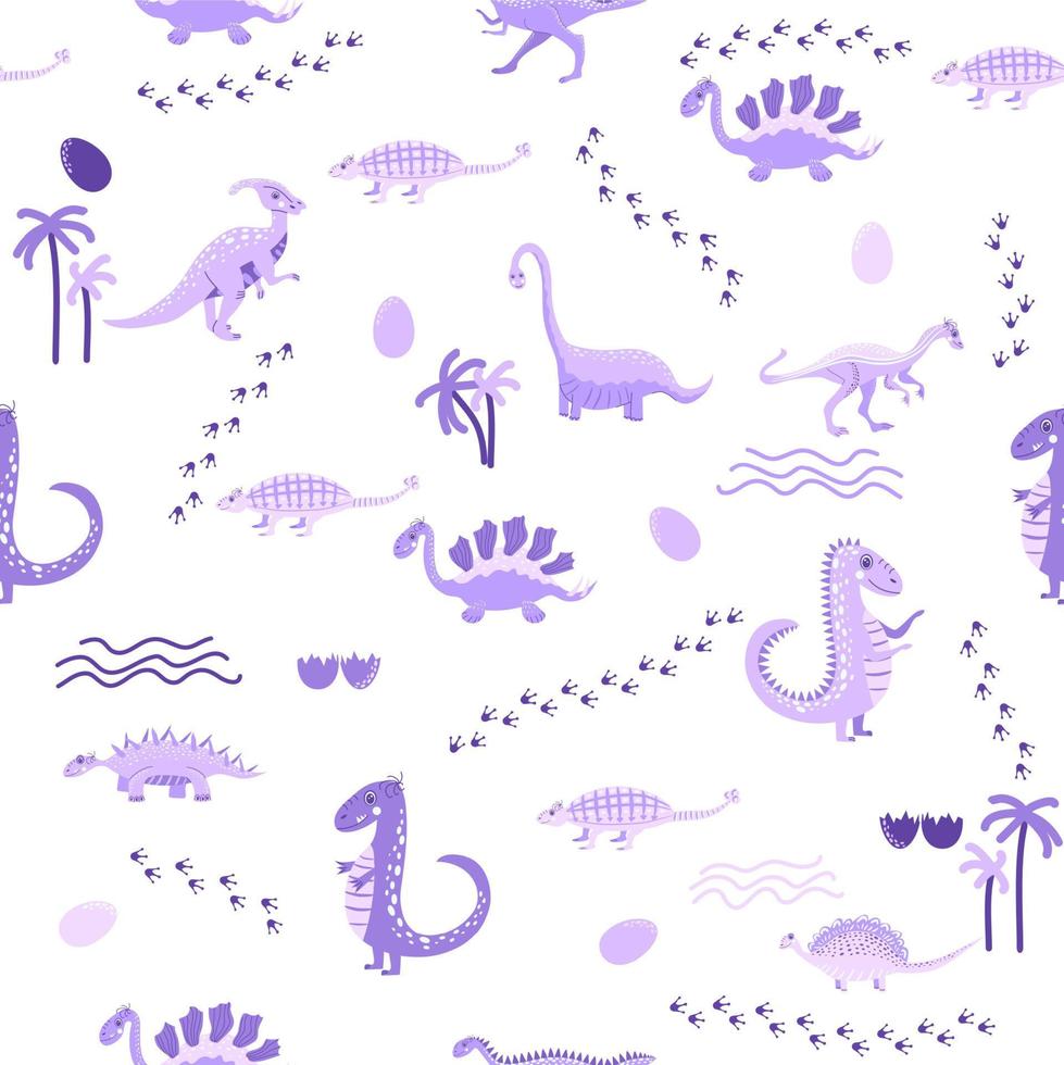 süße dinosaurier nahtloses muster. festes Muster, Schattierungen von Blau, Grün, Pink, Orange, Lila, Grau. lustiger Cartoon-Dinosaurier vektor