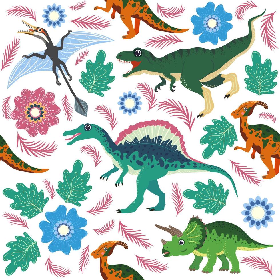 klotter dinosaurie mönster. sömlös textil- drake skriva ut, trendig barnslig tyg bakgrund, tecknad serie dinosaurier. vektor