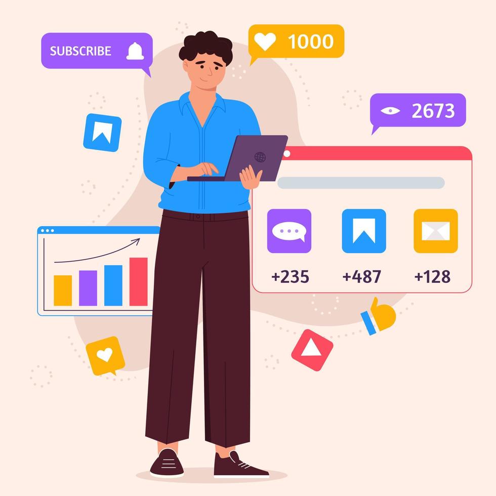 social media marknadsföring begrepp med man med bärbar dator och ikoner av smm. ung man hantera smm strategi processer. platt vektor illustration.