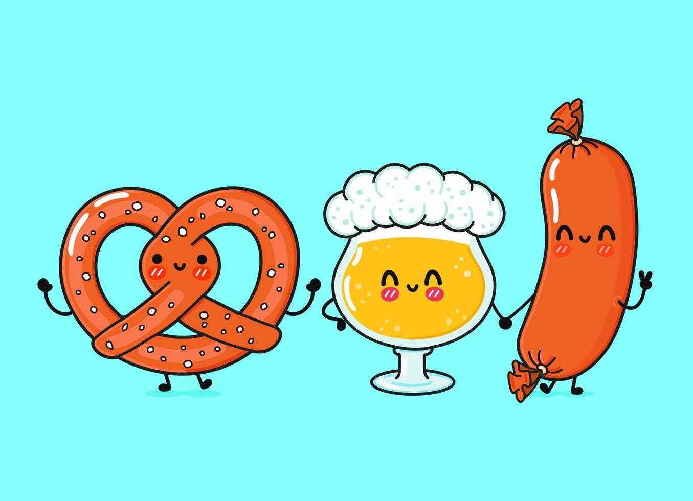söta, roliga glada glas öl, korv och kringla. vektor handritad serie kawaii tecken, illustration ikon. rolig tecknad glas öl, korv och kringla maskot vänner koncept