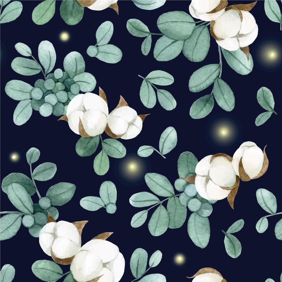 vattenfärg teckning. sömlös mönster med eukalyptus löv och bomull blommor på en mörk bakgrund vektor