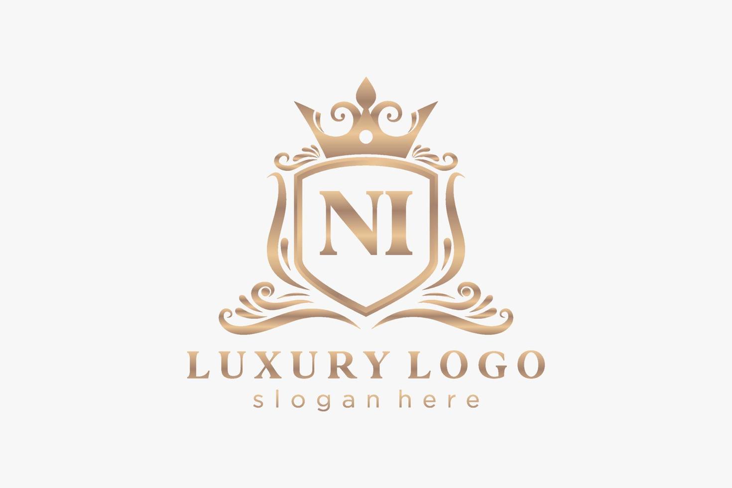 Royal Luxury Logo-Vorlage mit anfänglichem ni-Buchstaben in Vektorgrafiken für Restaurant, Lizenzgebühren, Boutique, Café, Hotel, Heraldik, Schmuck, Mode und andere Vektorillustrationen. vektor