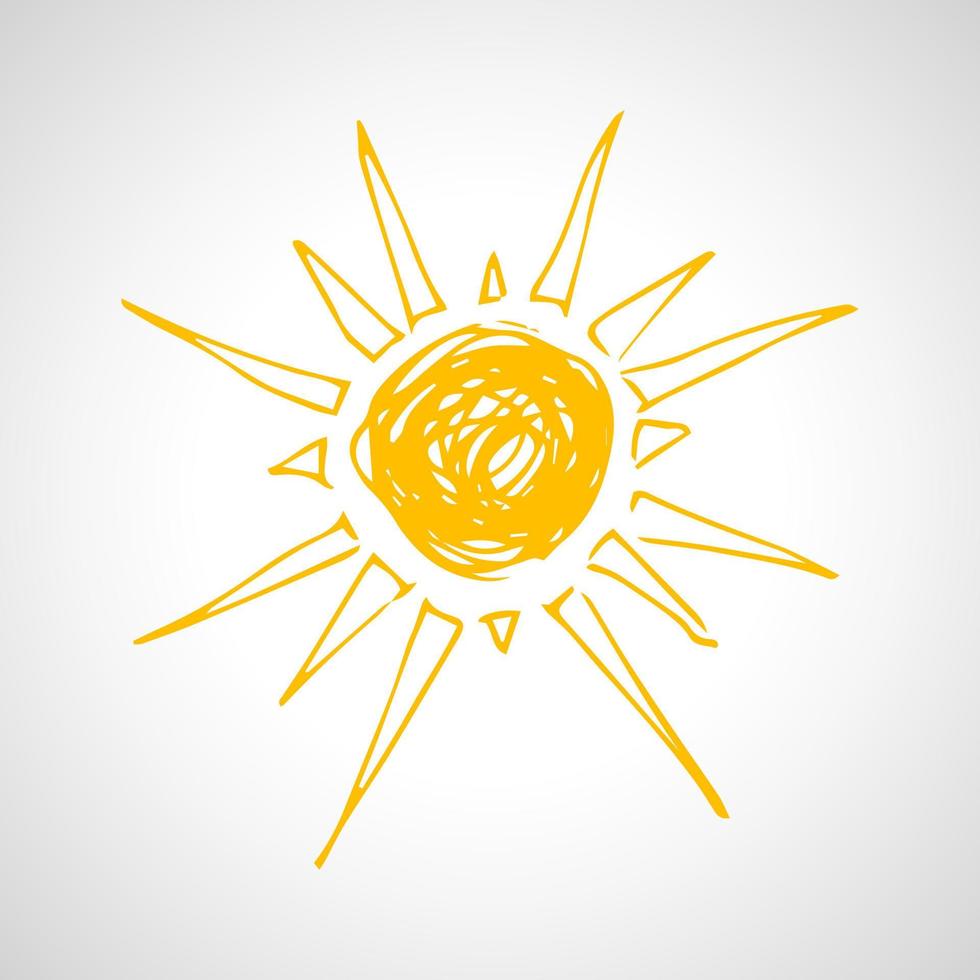 handgezeichnete Sonne. einfache Skizze Sonne. Sonnensymbol. gelbes Gekritzel lokalisiert auf weißem Hintergrund. Vektor-Illustration. vektor