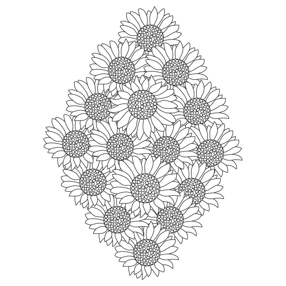 Sonnenblumen-Vektor-Umriss-Malseite mit blühenden Blütenblättern und Blättern, Blumenillustration vektor