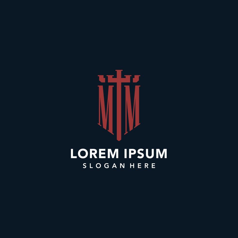 mm första monogram logotyper med svärd och skydda form design vektor