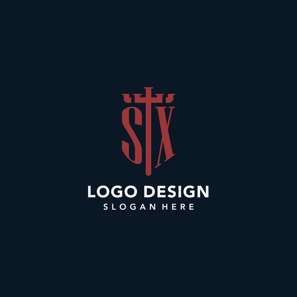 sx första monogram logotyper med svärd och skydda form design vektor