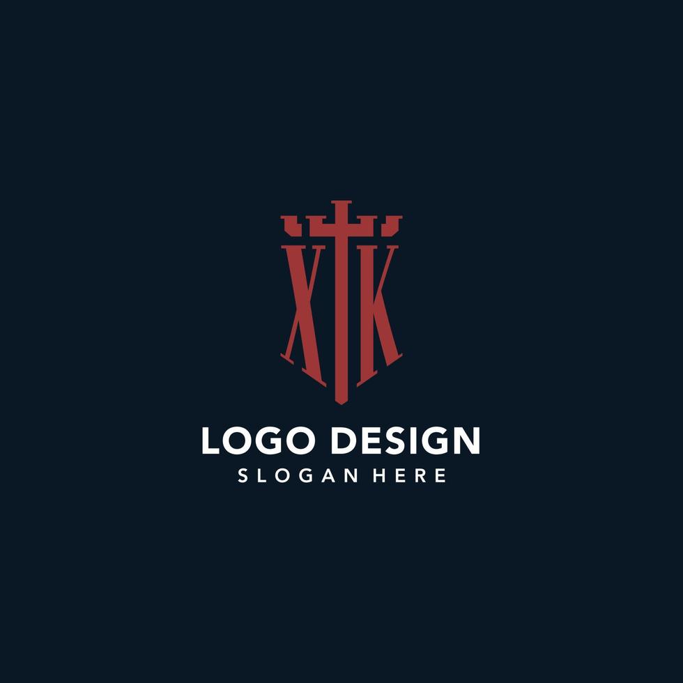 xk första monogram logotyper med svärd och skydda form design vektor