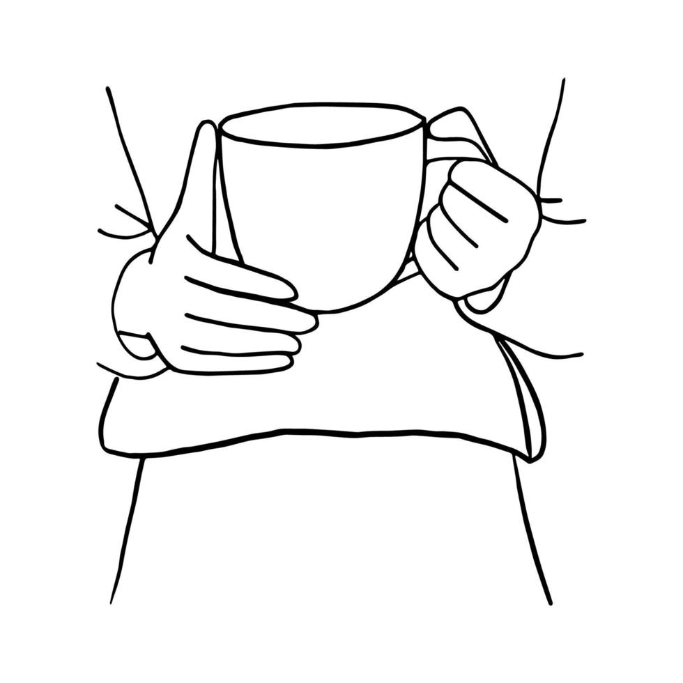 linje konst minimal av en man innehav kopp av kaffe i hand dragen begrepp för dekoration, klotter stil vektor