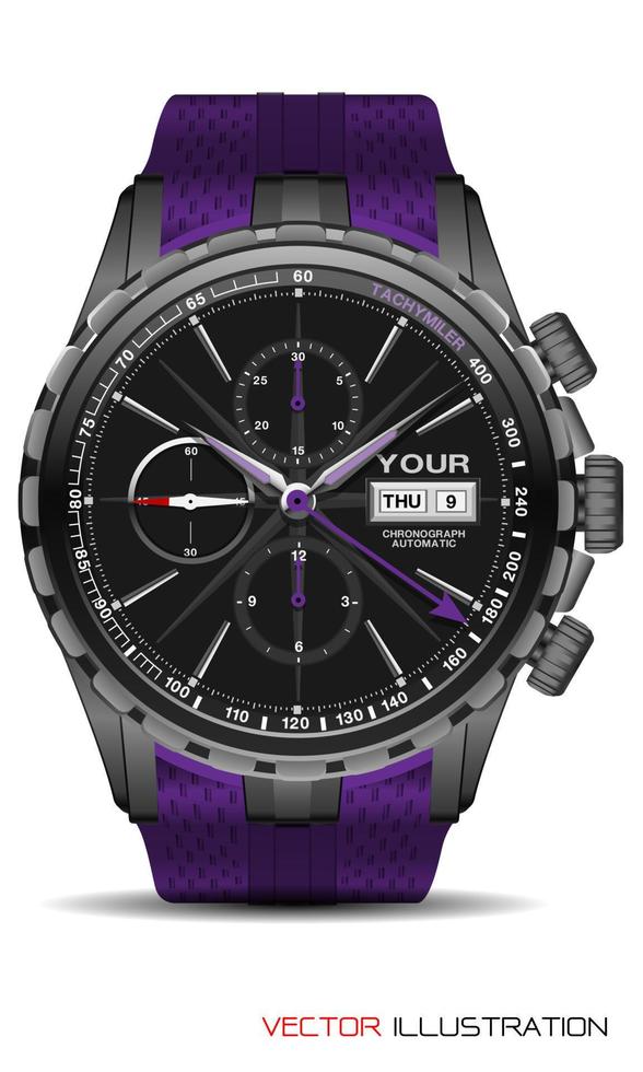 realistische graue uhr chronograph edelstahl lila gummi im uhrzeigersinn mode für männer design luxus isoliert vektor
