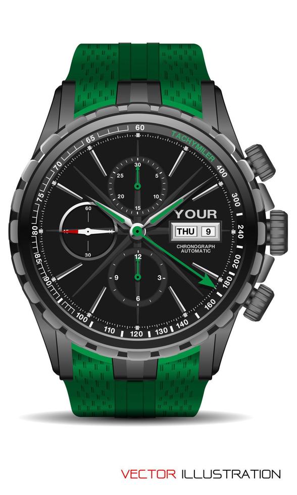 realistische graue uhr chronograph edelstahl grün gummi im uhrzeigersinn mode für männer design luxus isoliert vektor