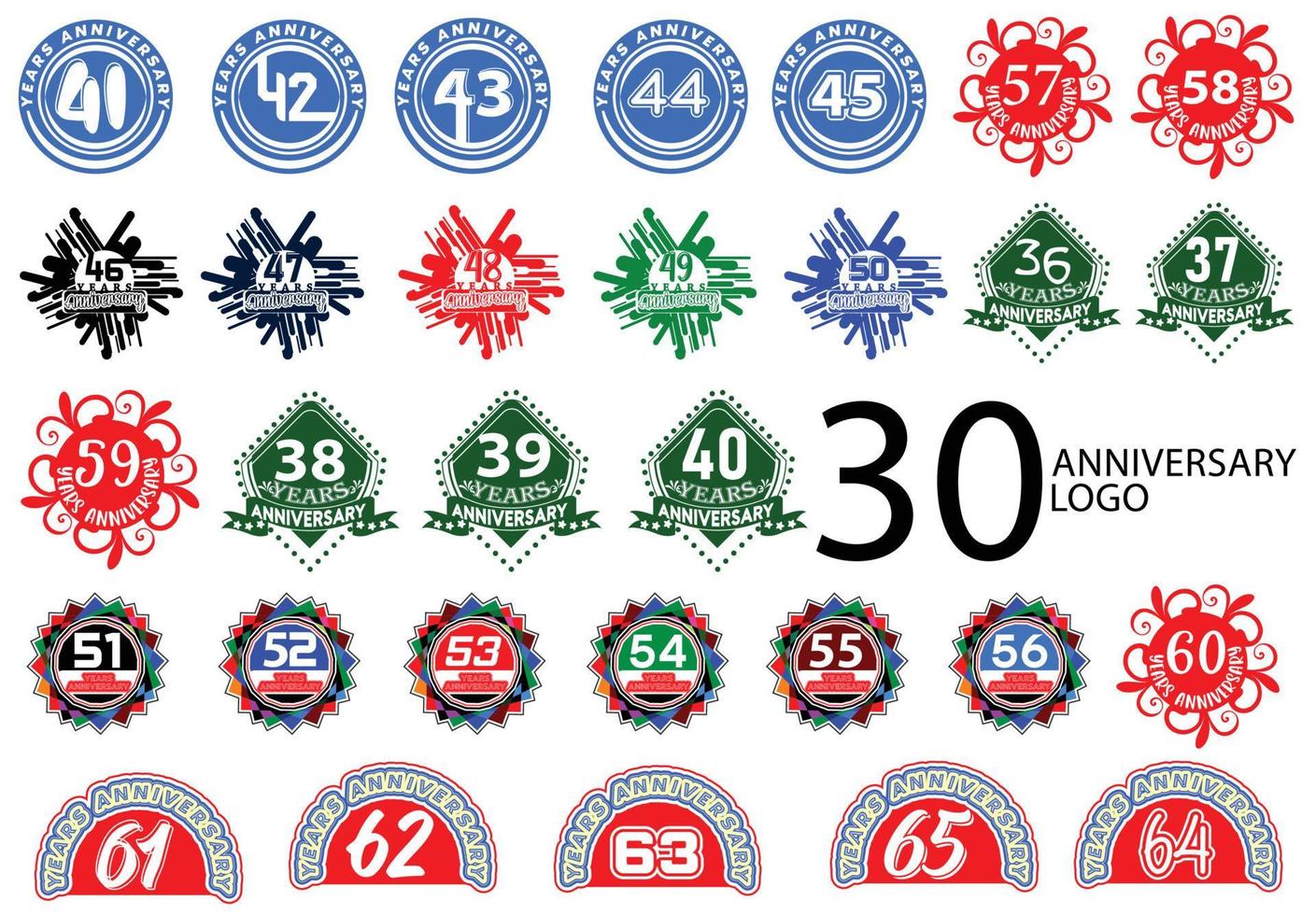 36 till 65 år årsdag logotyp och klistermärke design bunt vektor