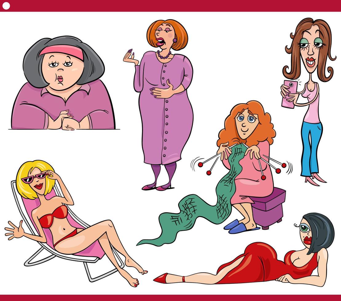 roliga tecknade kvinnor karaktärer karikatyruppsättning vektor