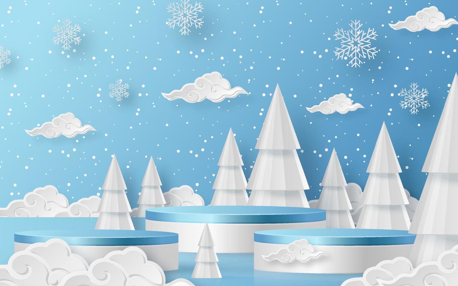3D-Winterverkaufspodium für Bannerillustration auf festlichem Muster mit Schneeflockenkonzept auf farbigem Hintergrund. vektor