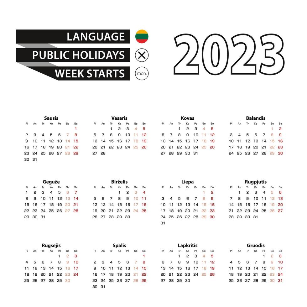 Kalender 2023 in litauischer Sprache, Woche beginnt am Montag. vektor