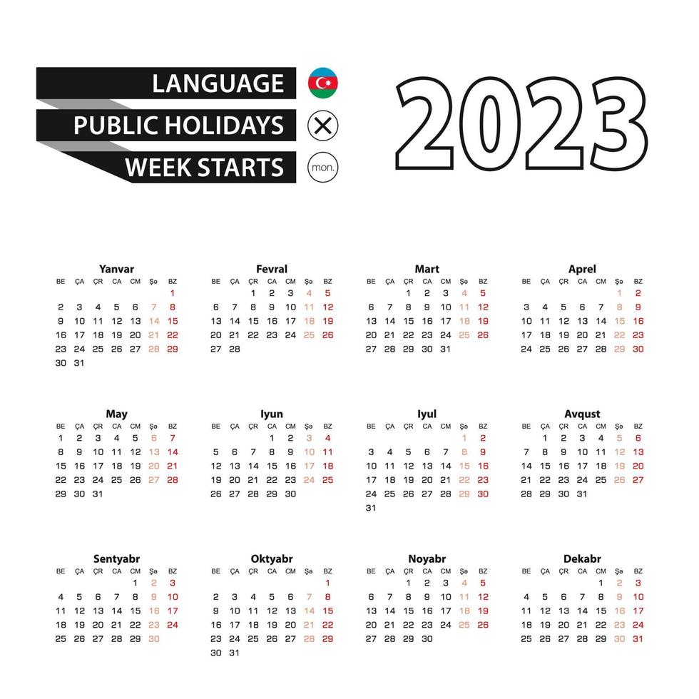 kalender 2023 i azerbajdzjanska språk, vecka börjar på måndag. vektor