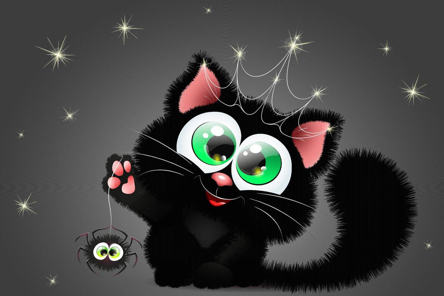 söt svart leende tecknad serie svart katt med krona av spindelnät och liten Spindel hängande på hans Tass vektor