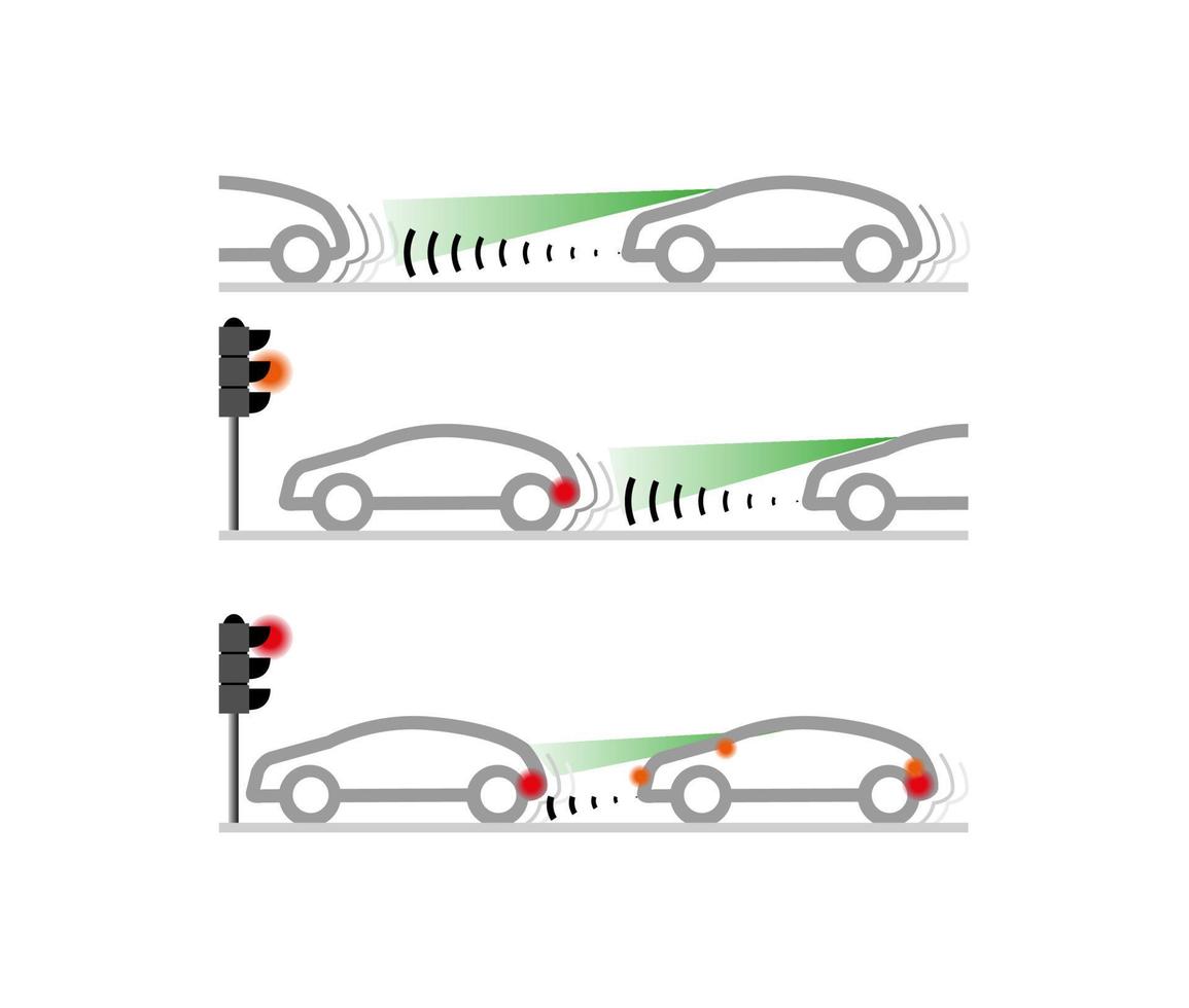 Sensor des Fahrzeugverfolgungssystems. Auto-Verkehrszeichen. Verfolgung des vorausfahrenden Fahrzeugs. moderne skizzenzeichnung. bearbeitbares Zeilensymbol. vektor