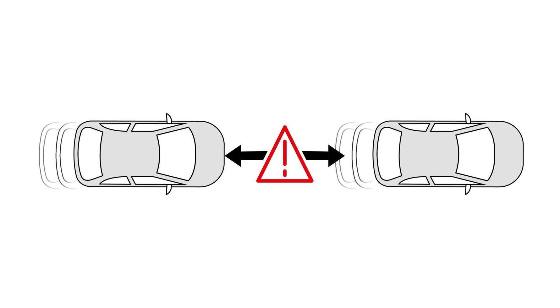 automatisches Bremssystem. Auto nähert sich Fahrzeug voraus Warnschild-Symbol. gefährliches Annäherungszeichen. automatisches Bremssystem. moderne skizzenzeichnung. bearbeitbares Zeilensymbol. vektor