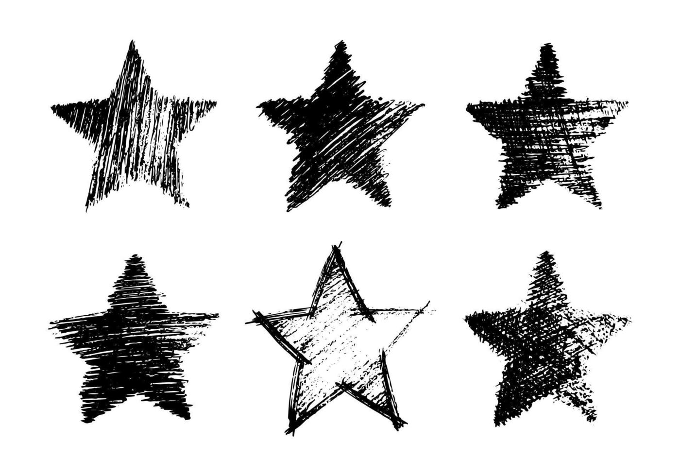 uppsättning av sex svart hand dragen stjärnor vektor