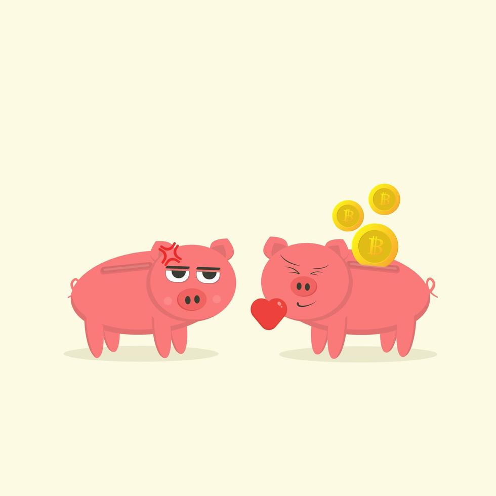 sparschwein münzgeld, bitcoin sparen, schwein mit ausdruck. vektor