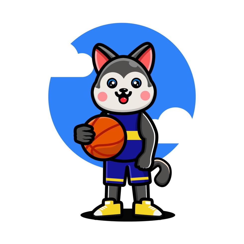 glücklicher süßer husky, der basketball spielt vektor