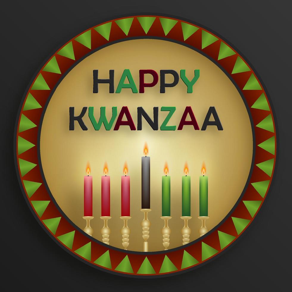 glückliche kwanzaa-karte mit netten und kreativen symbolen auf farbigem hintergrund für kwanzaa-feiertag vektor