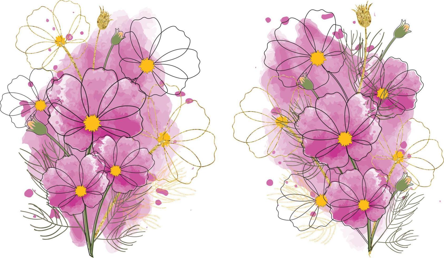vattenfärg rosa lila kosmos blomma isolerat på vit bakgrund med gyllene kronblad. höst blommor inbjudan mall kort. bukett av vild blomma aster i en vattenfärg stil. vektor